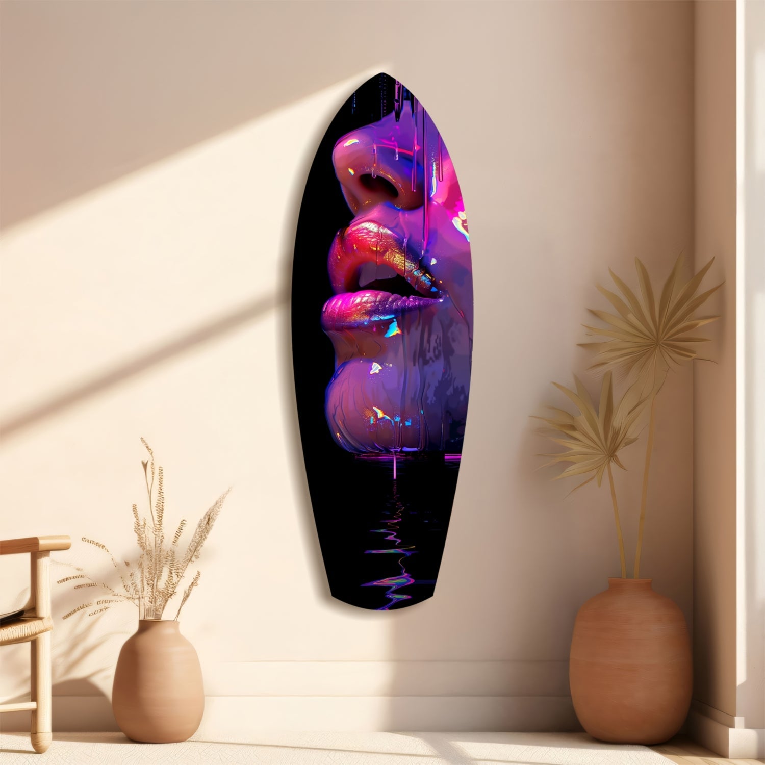 Neon pink and purple lips glass wall art hanging vertically on beige wall beside ceramic vases and dried grasses.