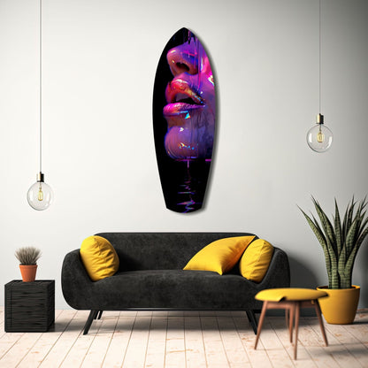 Colorful Lips V9 glass wall art in vibrant magenta and purple tones displayed above a black sofa with yellow pillows in a modern living room setting.