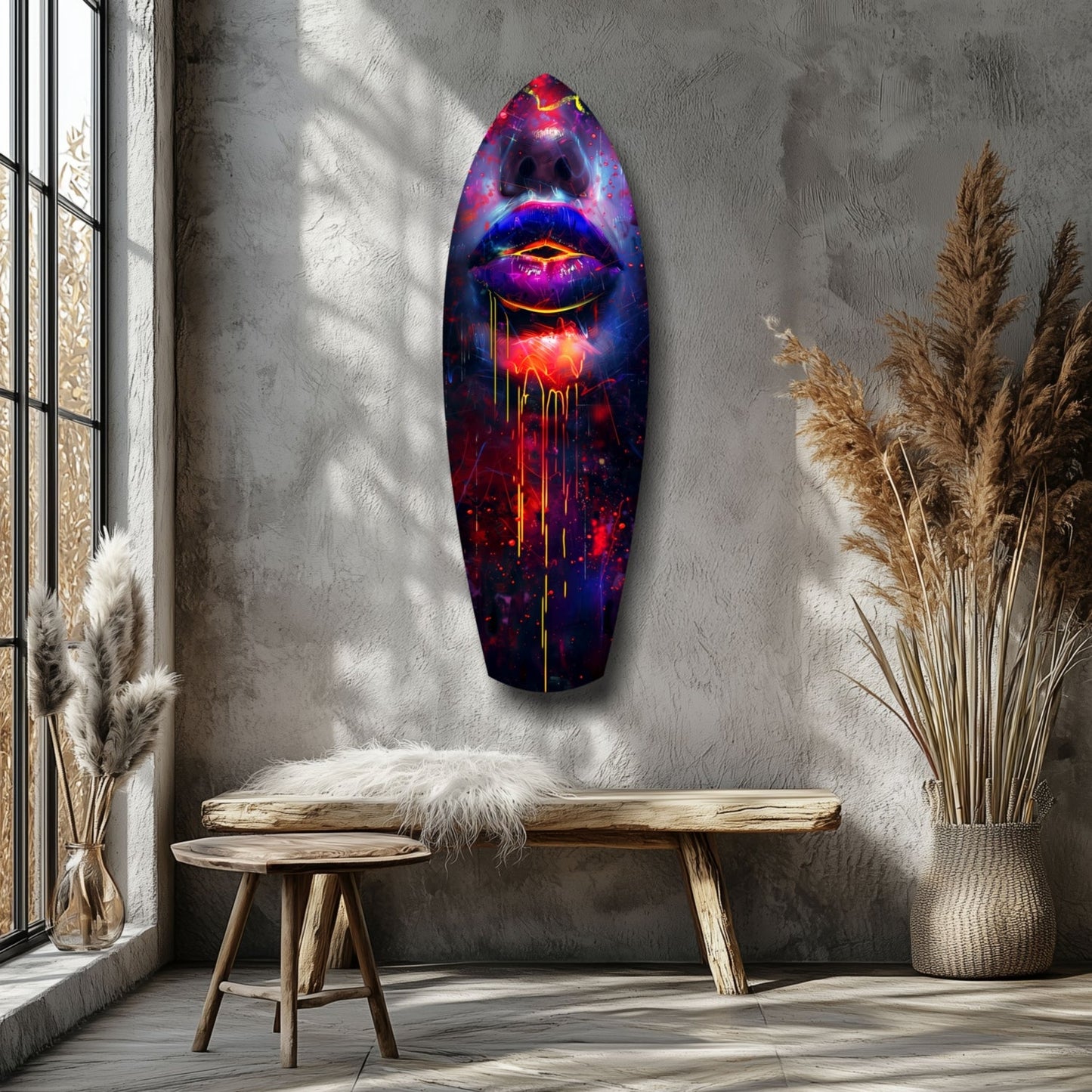 Vibrant neon lips glass art mounted on gray wall above wooden bench in minimalist interior with pampas grass.