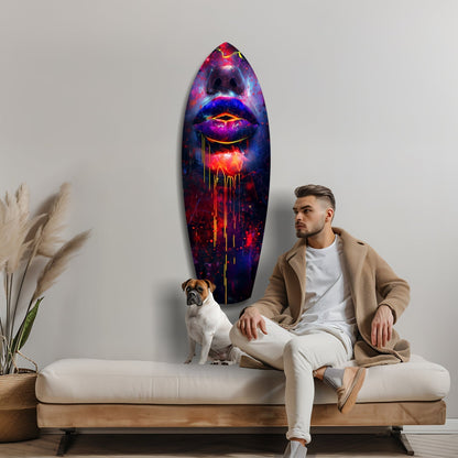 Man and dog sitting on white sofa facing vibrant neon lips glass wall art with purple, blue and red glowing colors.