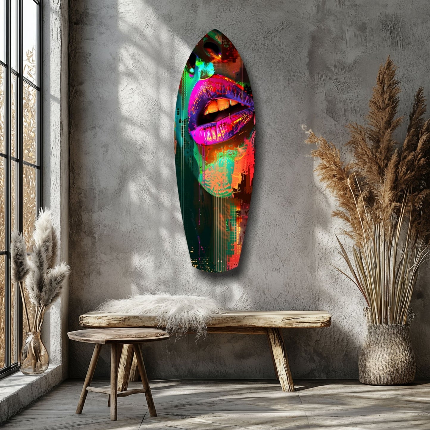 Colorful neon lips glass art hung on gray wall above wooden bench in minimalist room with pampas grass décor.