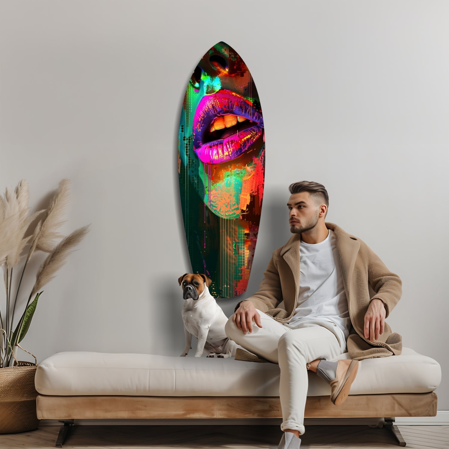 Man and dog on cream sofa beside vibrant multicolored lips glass wall art in neon pink, green, and orange tones.