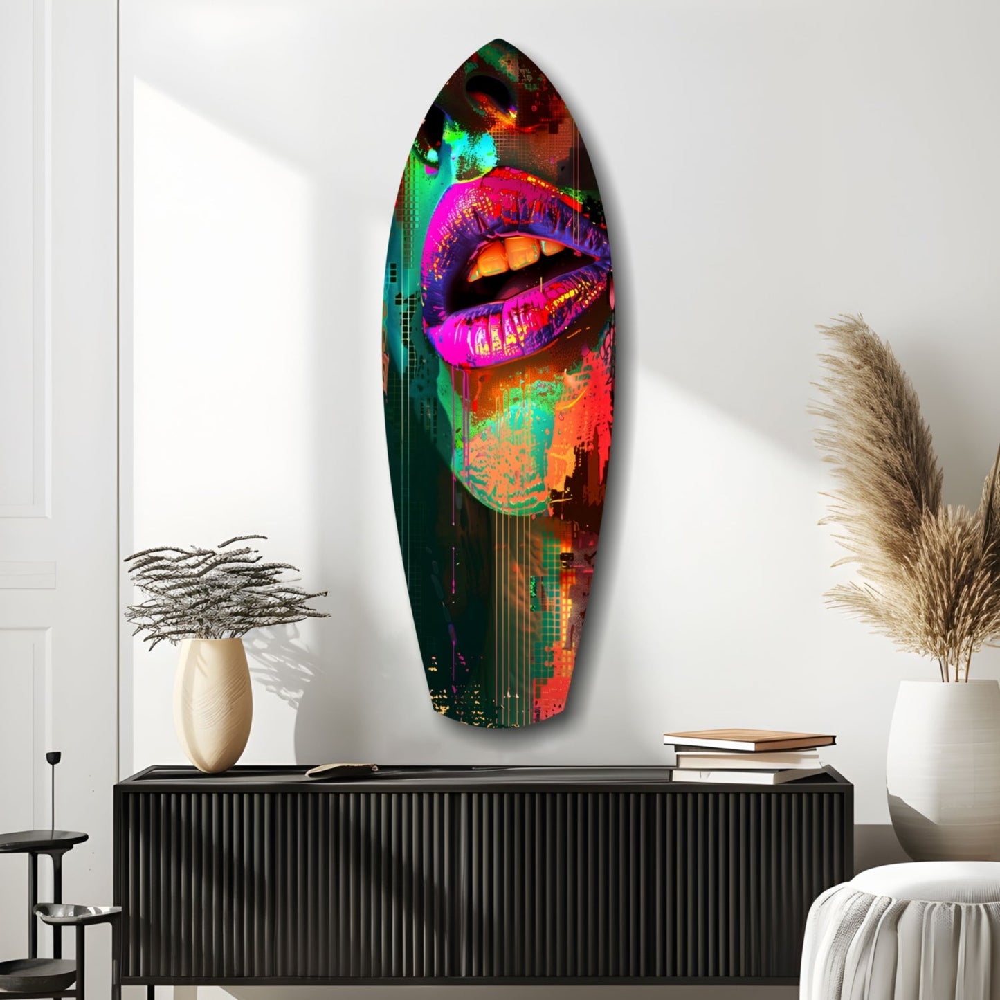 Colorful Lips V11 glass wall art in neon pink, green, and orange hues displayed above a black console table in a modern white interior setting.