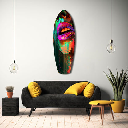 Colorful Lips V11 glass wall art displayed above a black sofa with yellow pillows in a modern living room interior.