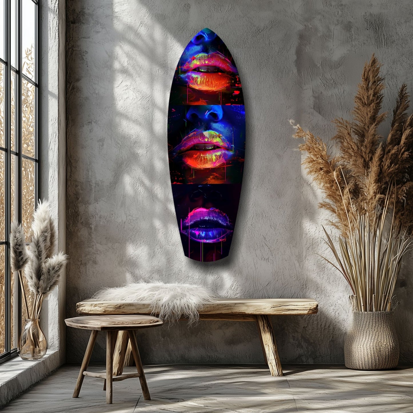 Neon lip artwork displayed on concrete wall above wooden bench in minimalist interior with dried grasses.