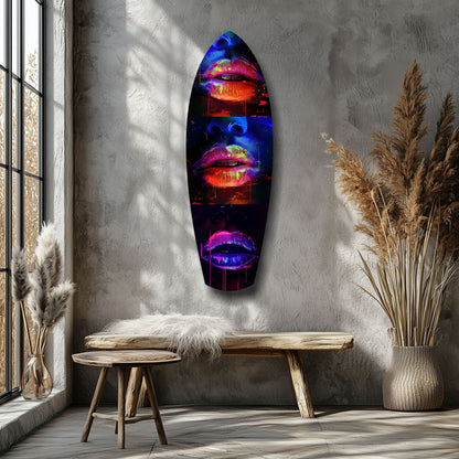 Neon lip artwork displayed on concrete wall above wooden bench in minimalist interior with dried grasses.