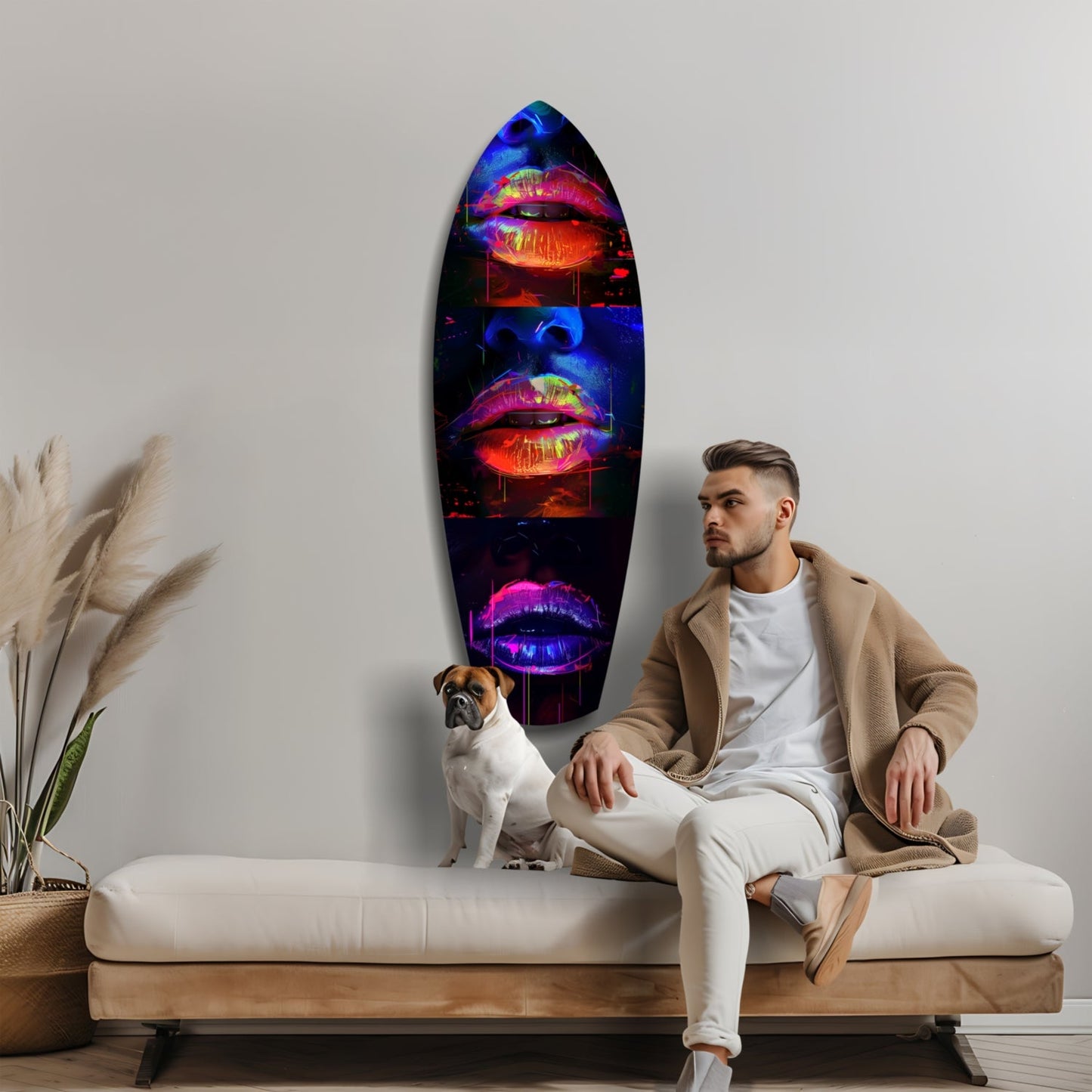 Man and dog seated on bench beside vibrant neon lips glass wall art displaying red, pink, and blue colors.