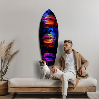 Man and dog seated on bench beside vibrant neon lips glass wall art displaying red, pink, and blue colors.