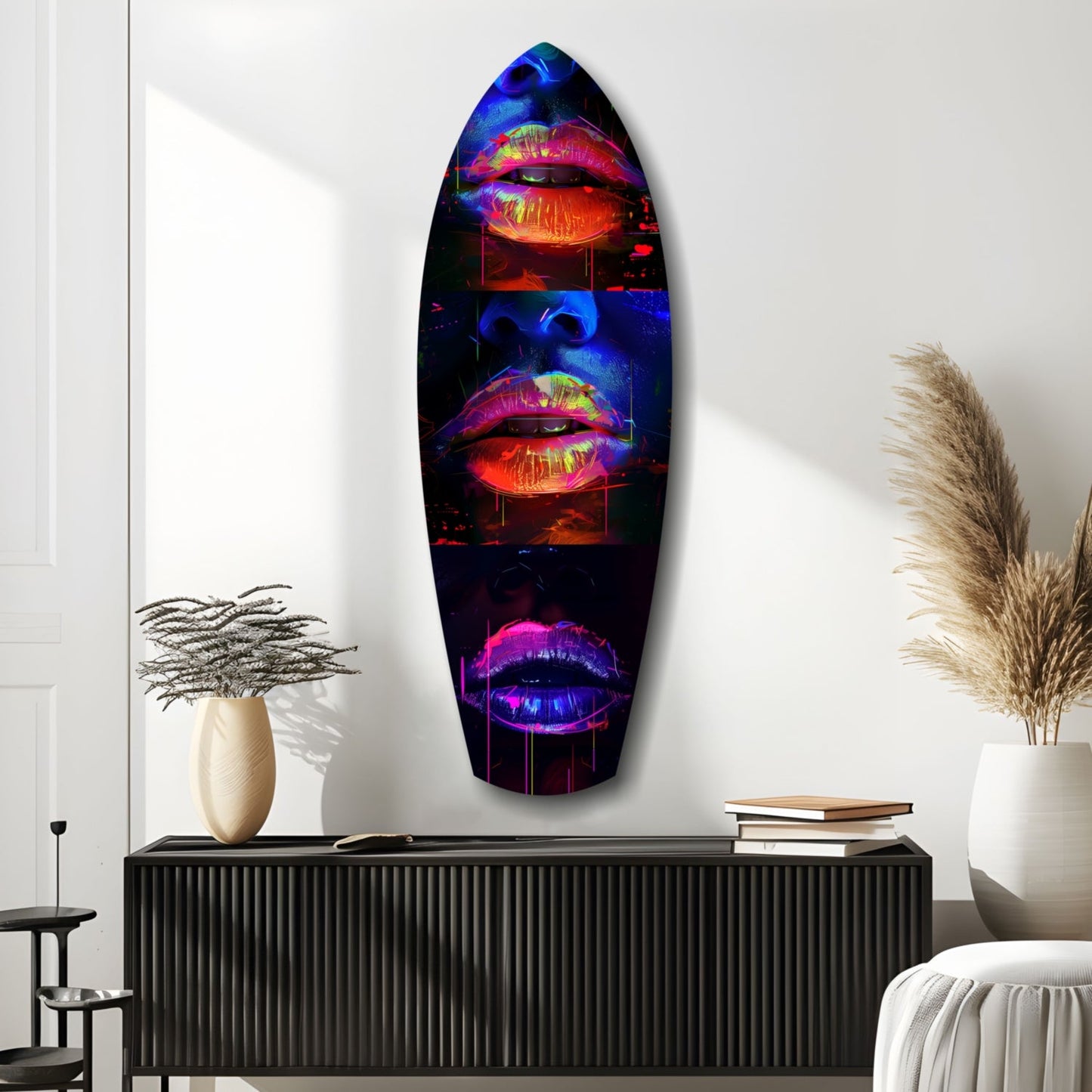 Neon-glowing colorful lips glass art piece mounted on white wall above black credenza with decorative items.