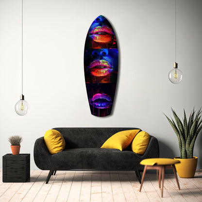 Colorful Lips V12 glass wall art hung above a black sofa with yellow pillows in a modern living room setting.