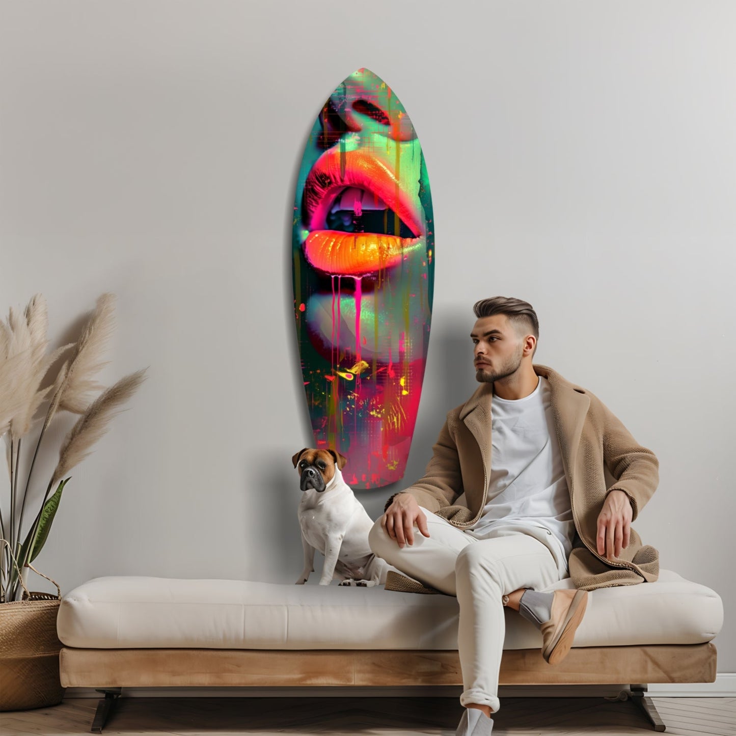 Man and dog sitting on bench beneath vibrant neon lips glass art panel mounted on white wall.