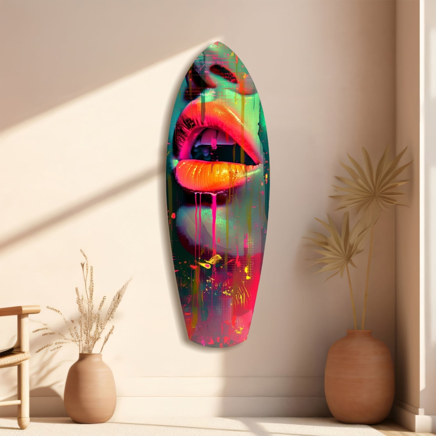 Neon lips glass wall art mounted in minimalist beige room with dried flowers in ceramic vases.