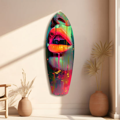 Neon lips glass wall art mounted in minimalist beige room with dried flowers in ceramic vases.