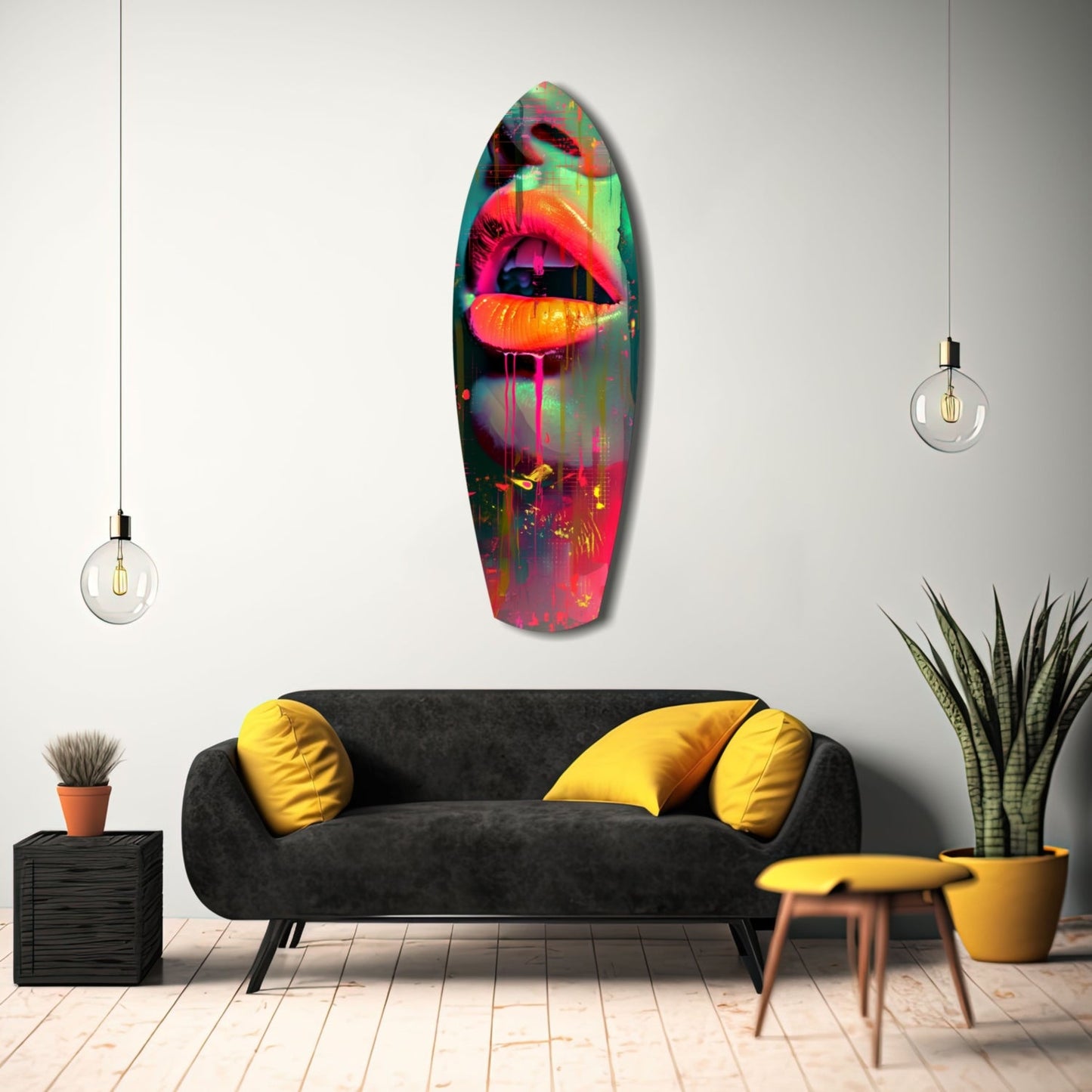 Colorful Lips V13 glass wall art with neon pink, orange, and green tones displayed above a black sofa with yellow pillows in a modern interior setting.