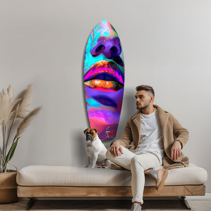 Man and dog sitting on bench beside vibrant neon lips glass art panel on gray wall.