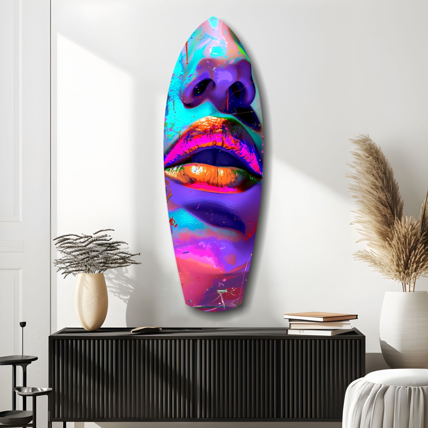 Vibrant neon-colored glass wall art featuring abstract lips in cyan, magenta, orange, and purple hues mounted above a black cabinet in a minimalist interior.