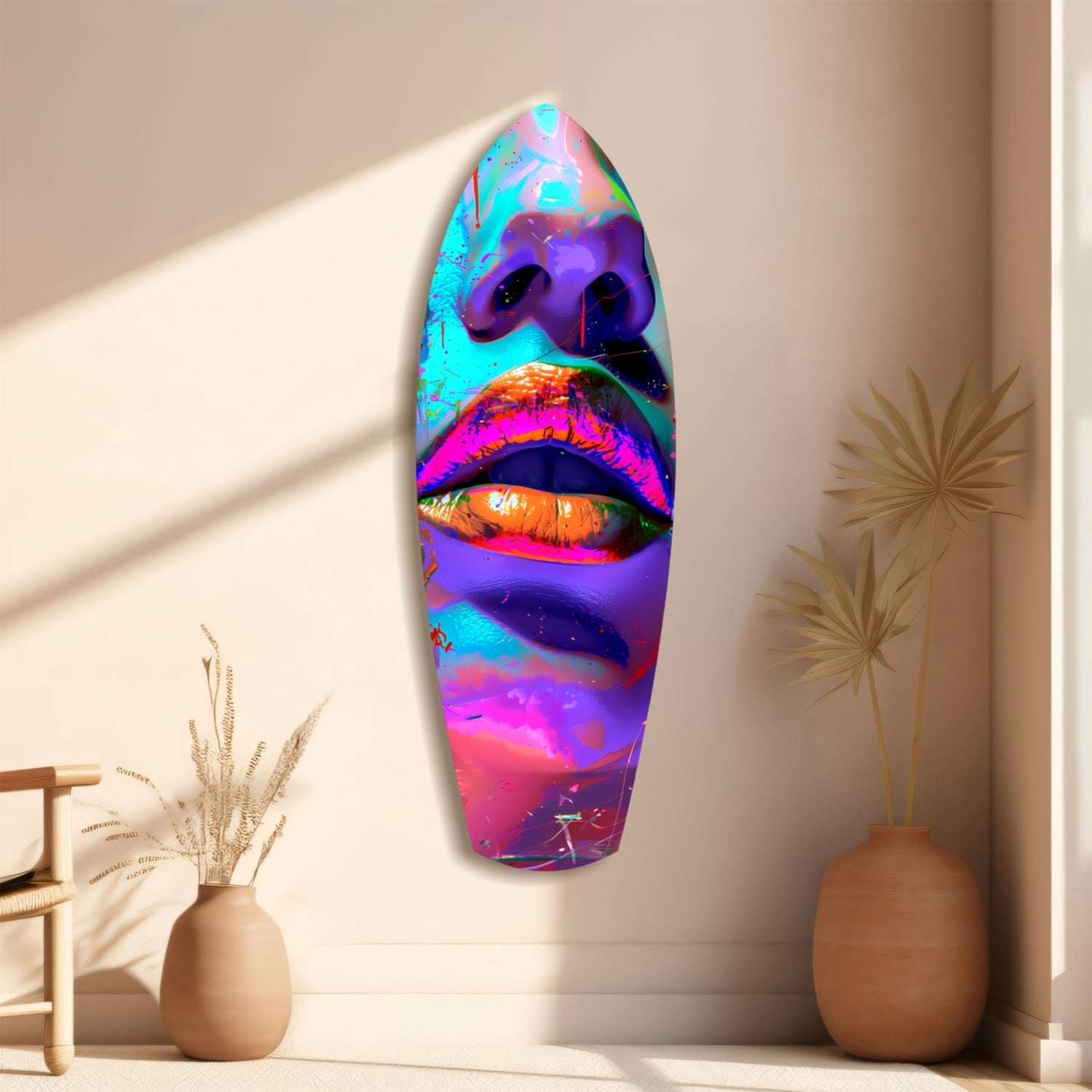 Colorful Lips V14 glass wall art mounted on beige wall displaying vibrant purple, cyan, magenta, and orange abstract lip design with decorative vases below.