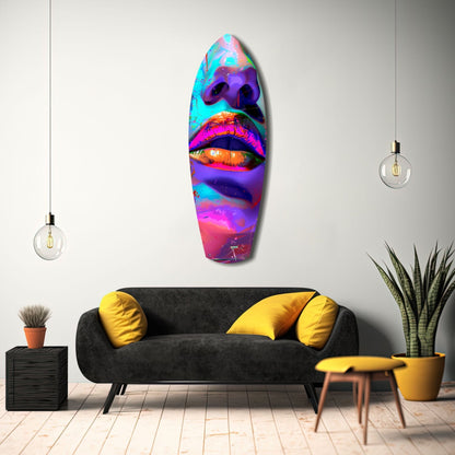 Colorful Lips V14 glass wall art in vibrant neon pink, blue, and orange tones displayed above a black sofa in a modern living room interior.