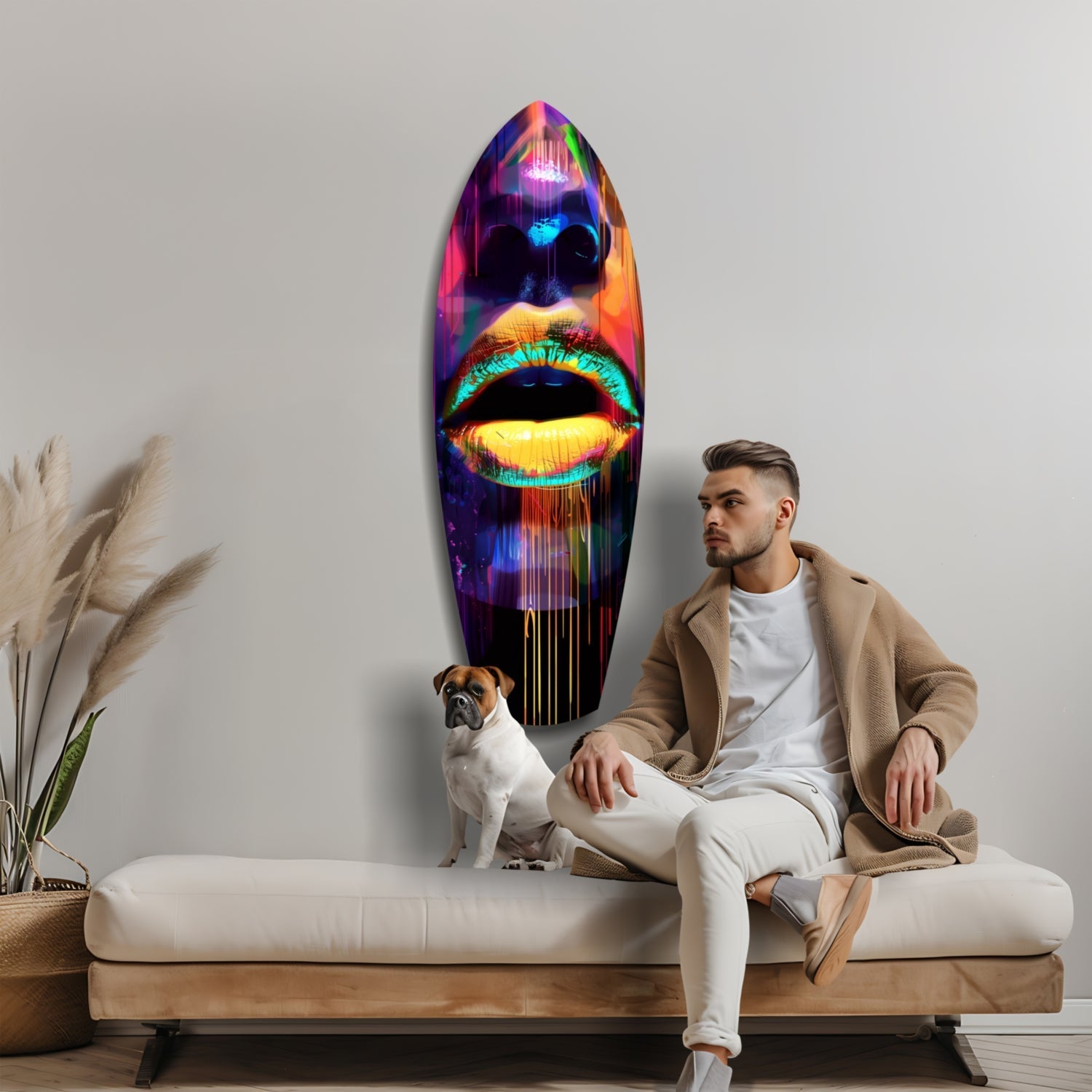 Man and dog sit on cream sofa facing neon lips glass wall art with vibrant multicolored glow effect.