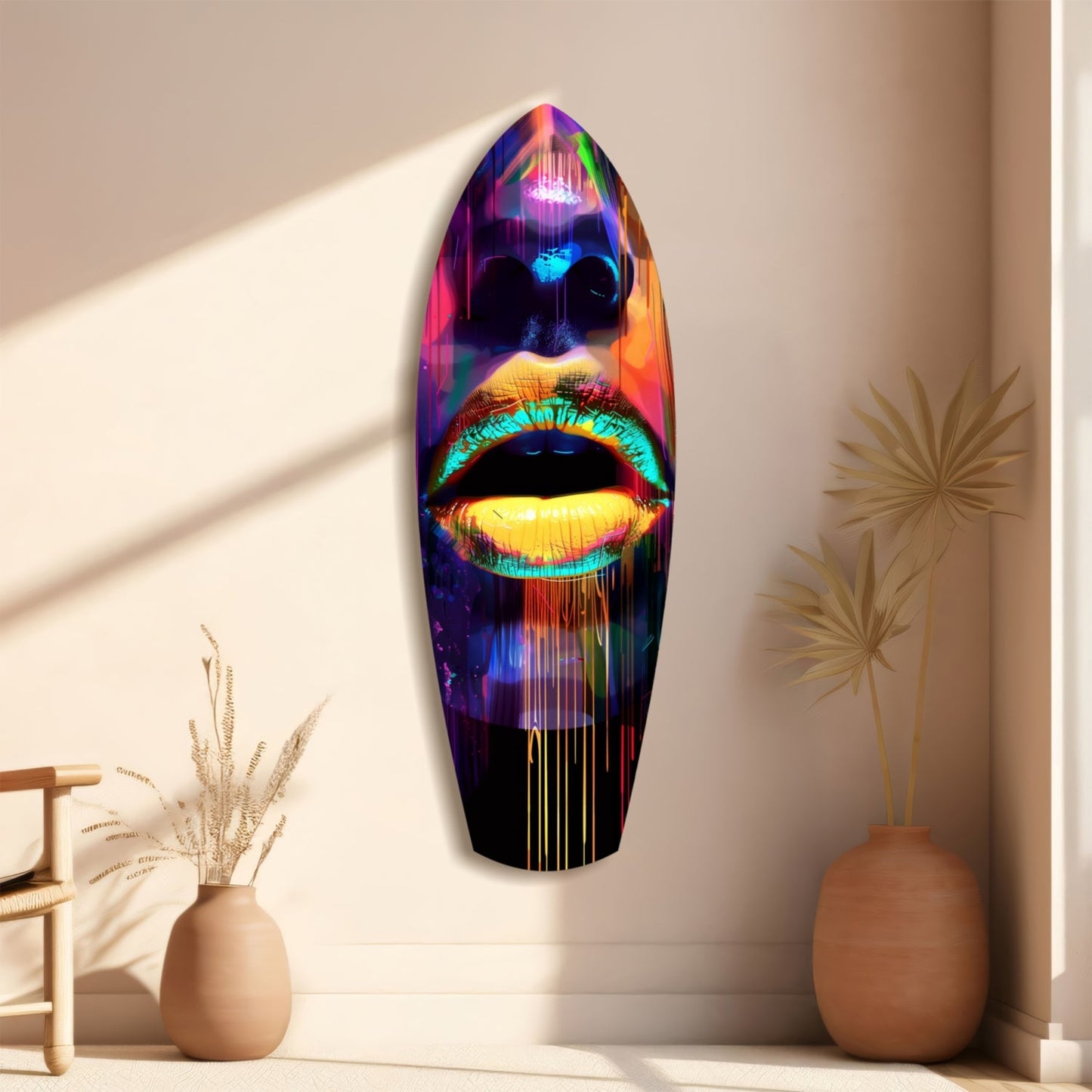 Colorful Lips V15 glass wall art mounted on beige wall, featuring neon-lit face with vibrant rainbow colors, displayed between two terracotta vases with dried plants.