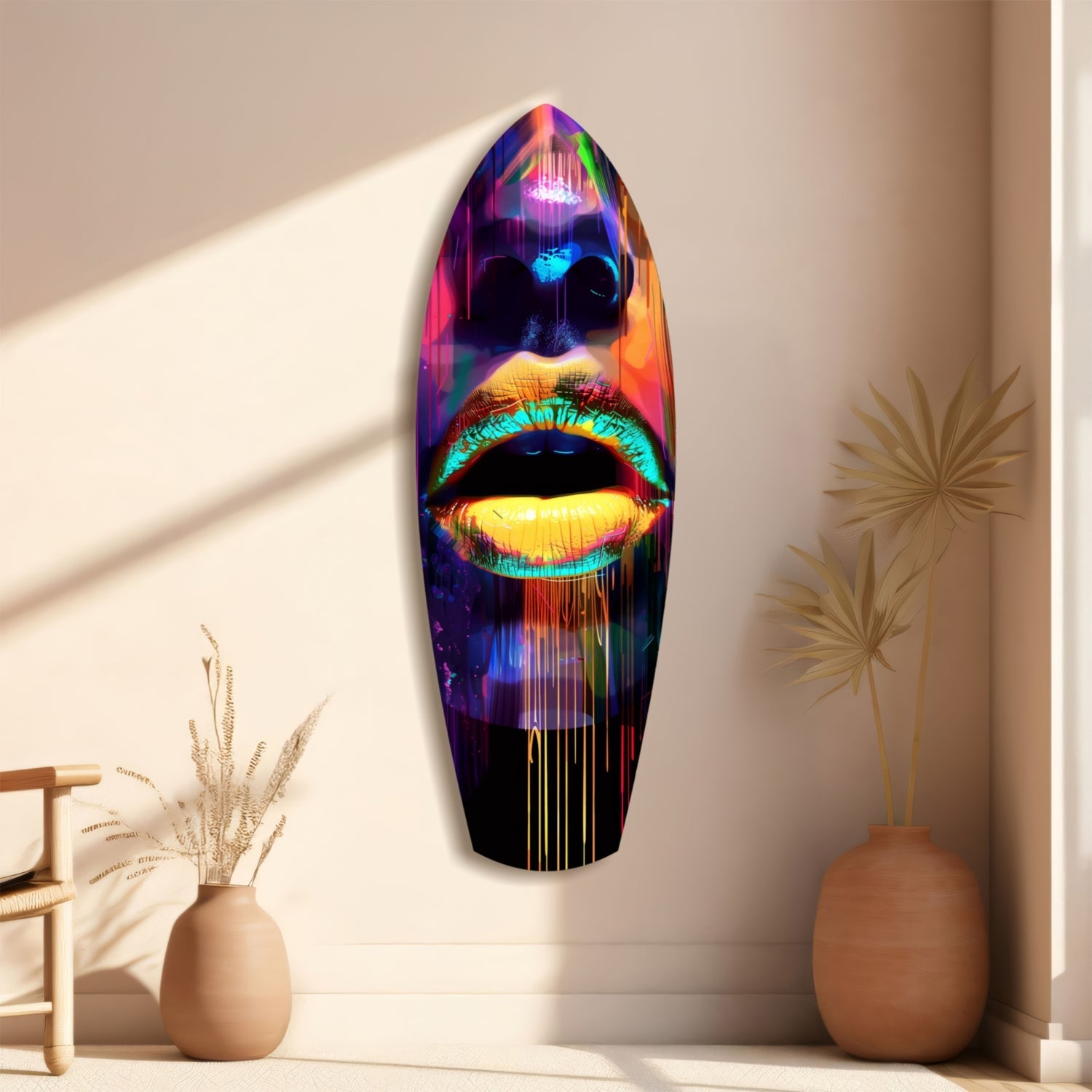 Colorful Lips V15 glass wall art mounted on beige wall, featuring neon-lit face with vibrant rainbow colors, displayed between two terracotta vases with dried plants.