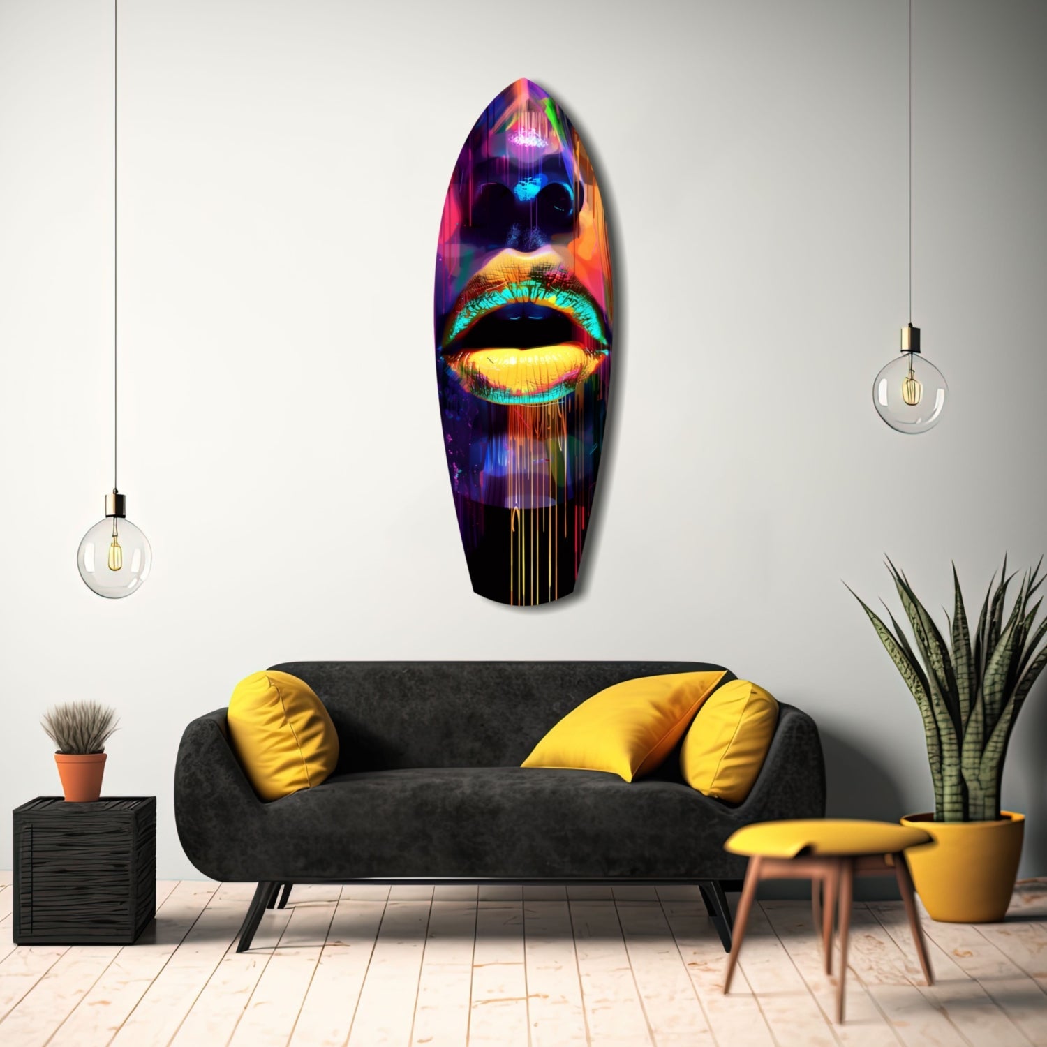 Colorful Lips V15 glass wall art displayed above a black sofa in a modern living room with yellow accents and pendant lighting.