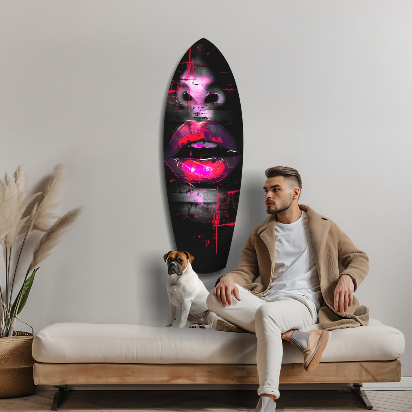 Man and dog sitting on cream sofa beneath neon pink glowing lips glass wall art on white wall.