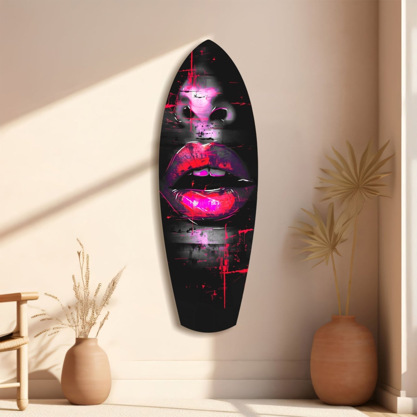 Black glass wall art with neon pink and magenta glowing lips and face design, displayed in minimalist room with beige vases.