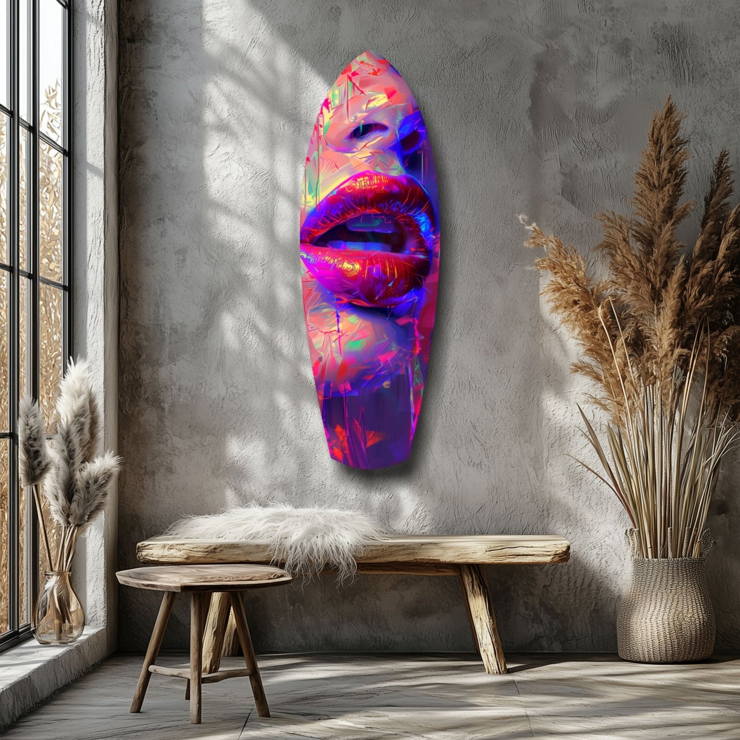 Vibrant neon glass wall art featuring colorful lips in pink, blue, and yellow tones mounted on concrete wall beside wooden bench and dried pampas grass.