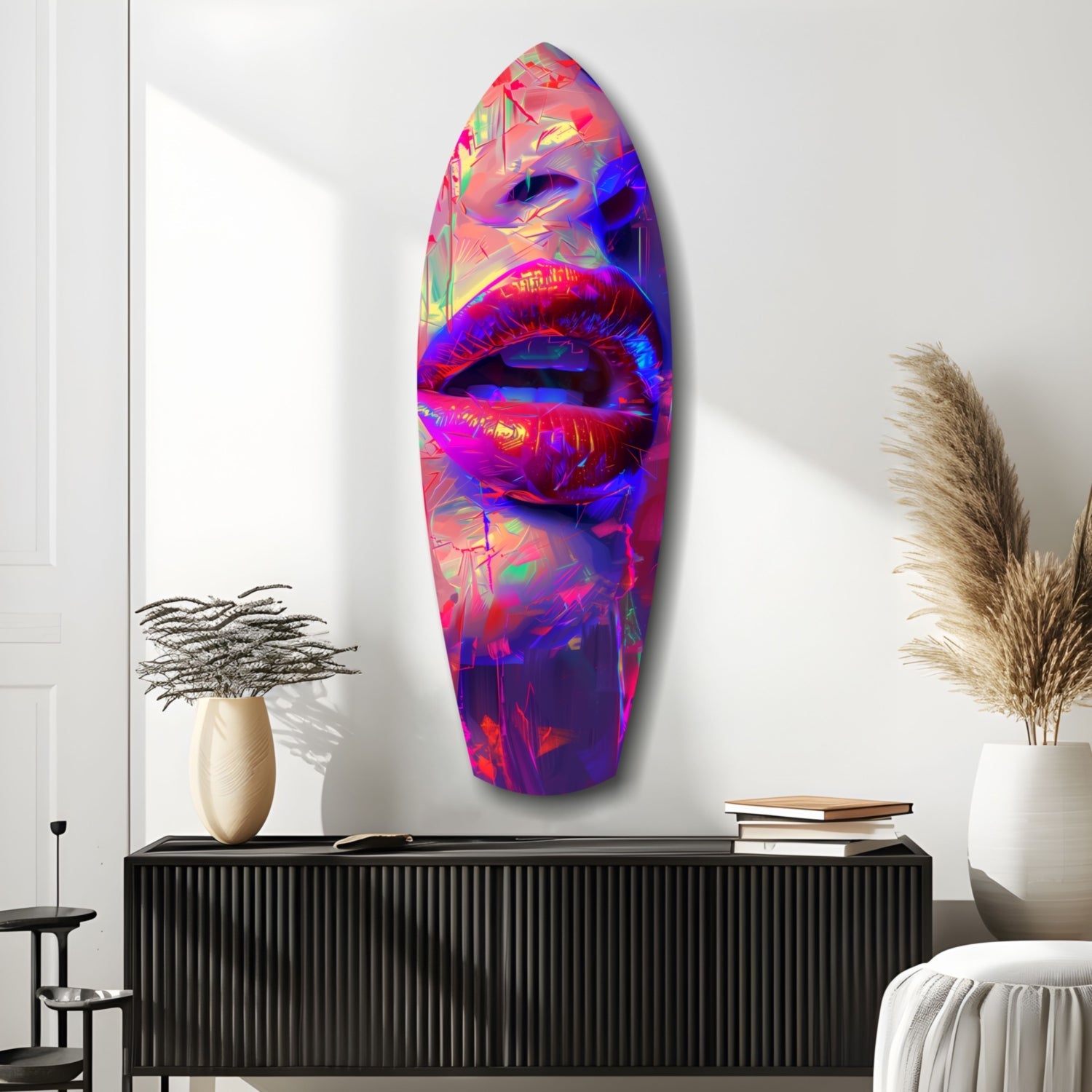 Vibrant neon lips glass art in magenta, blue, and yellow displayed on white wall above black cabinet with decorative plants.