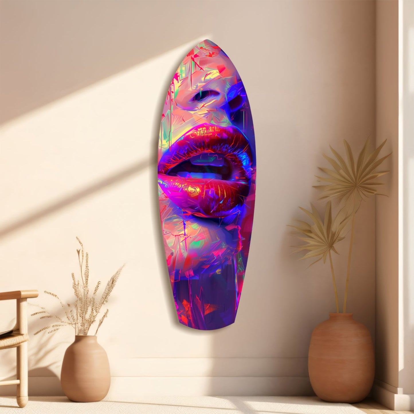 Vibrant neon lips glass wall art mounted on beige wall with dried grasses in ceramic vases below.