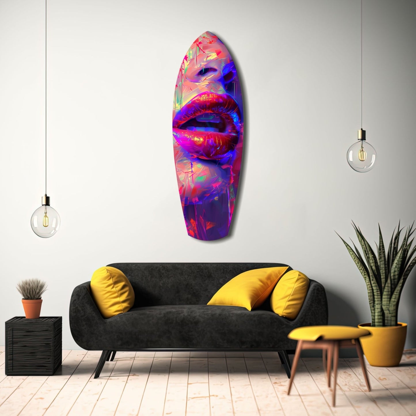 Colorful Lips V17 glass wall art in vibrant pink, purple, and blue tones displayed above a black sofa in a modern living room interior.