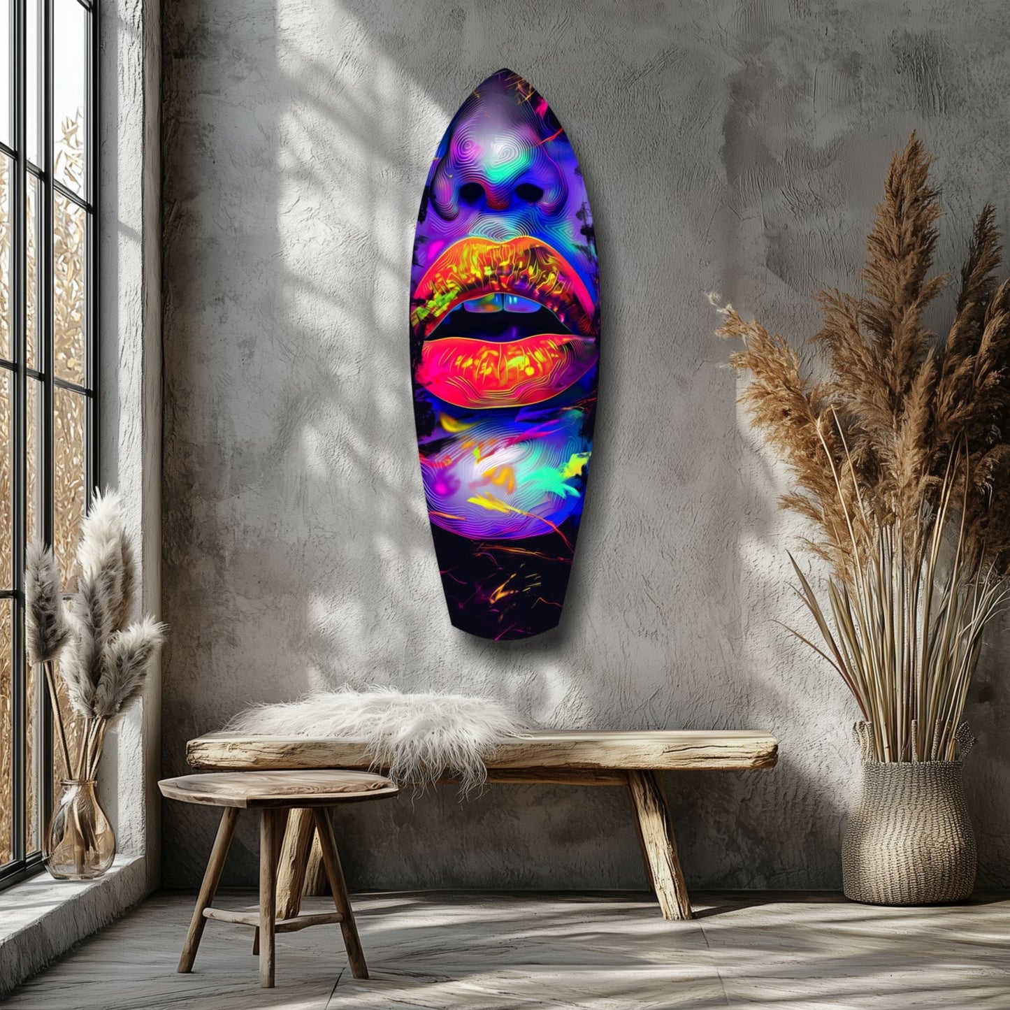 Neon lips glass wall art mounted on concrete wall above wooden bench in minimalist interior with dried pampas grass.