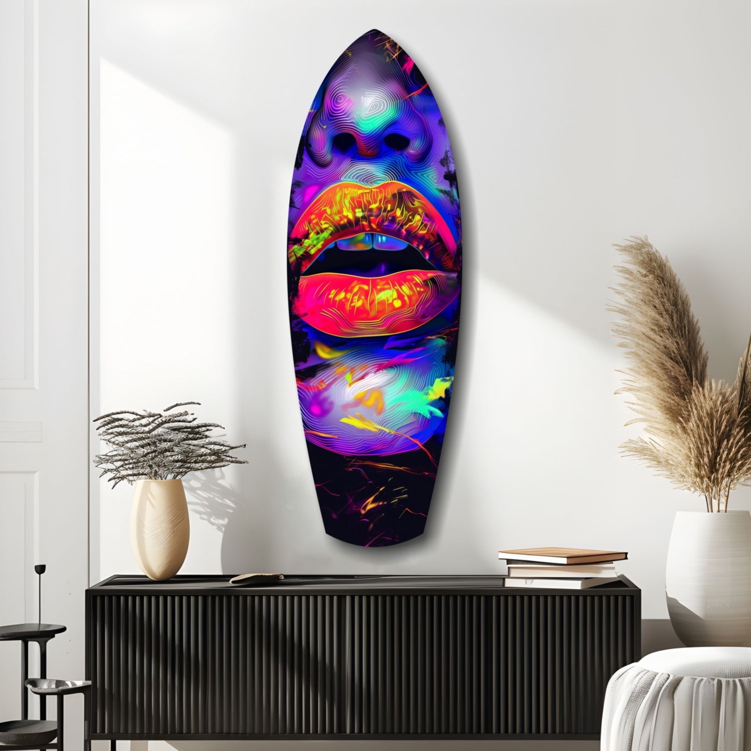Vibrant neon glass wall art depicting colorful lips in purple, pink, and yellow tones displayed above black cabinet in modern interior setting.