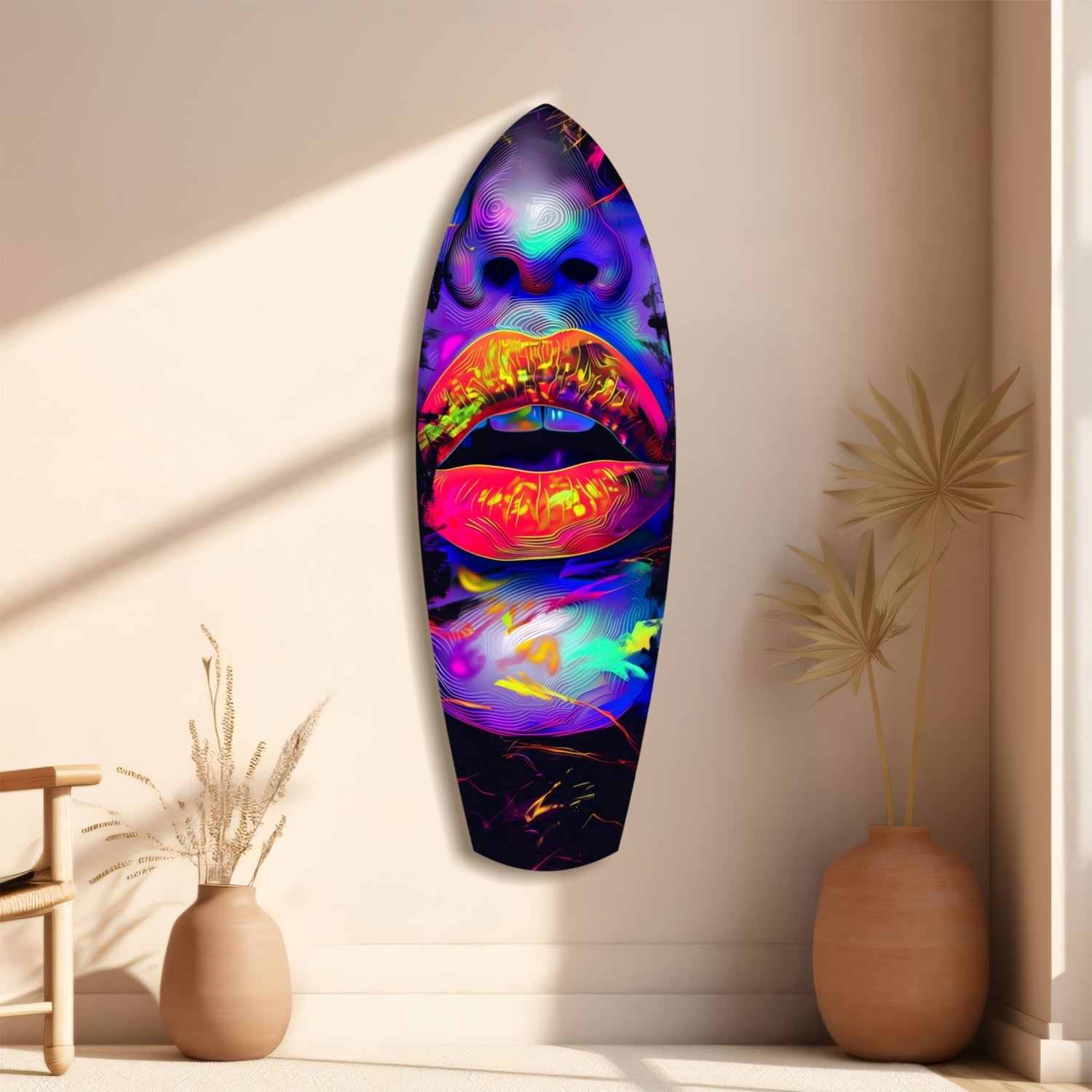 Vibrant neon lips glass wall art mounted on beige wall beside ceramic vases with dried grasses.