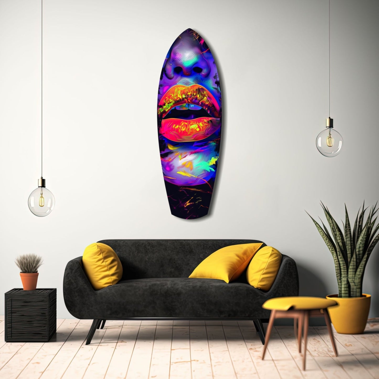 Vibrant neon lips glass wall art displayed above a black sofa in a modern living room setting with yellow accents.