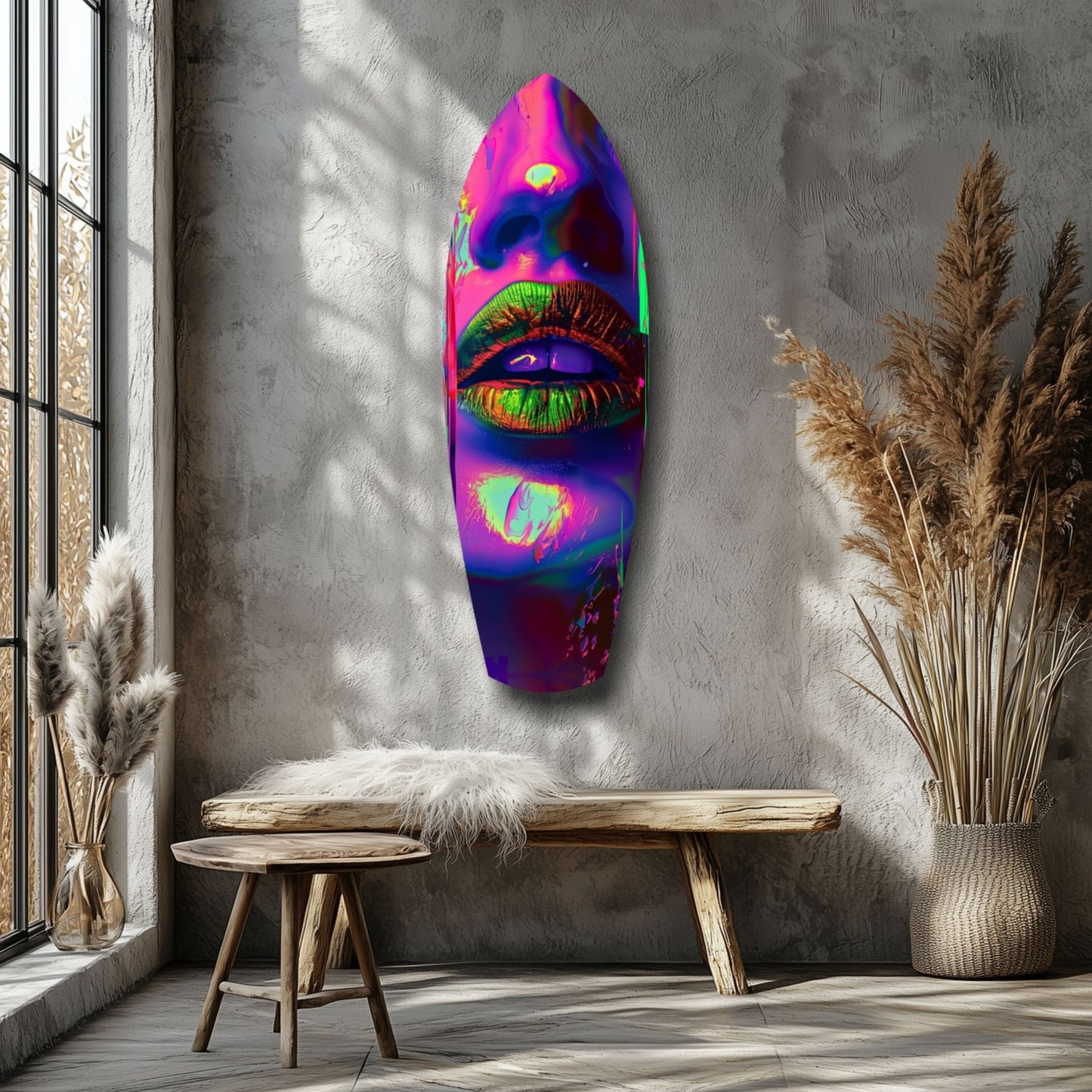 Neon lips glass wall art displayed on gray concrete wall between wooden bench and pampas grass decor.