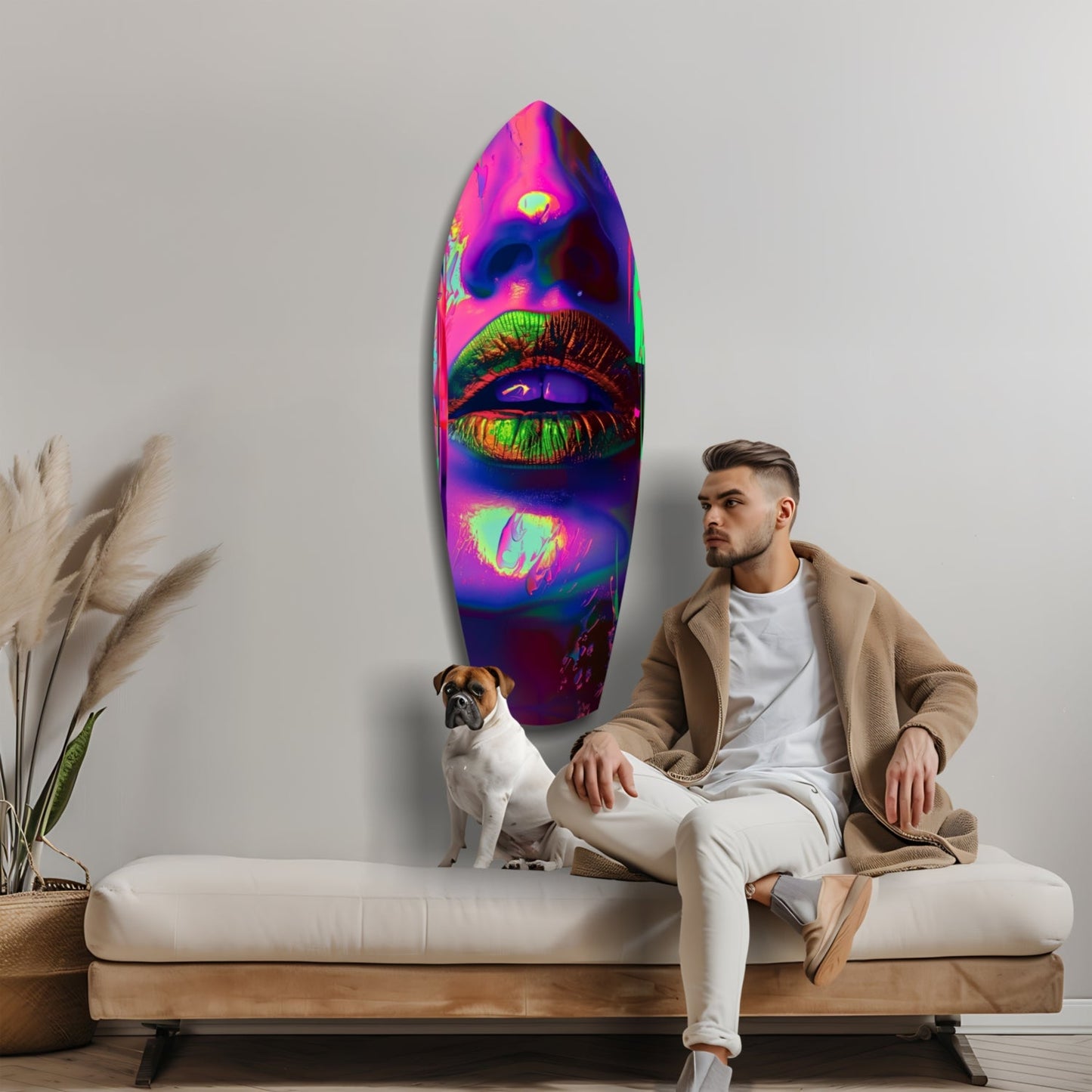 Man and dog seated on cream sofa beside vibrant neon lips glass wall art in magenta, purple, and lime tones.