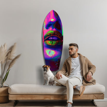 Man and dog seated on cream sofa beside vibrant neon lips glass wall art in magenta, purple, and lime tones.