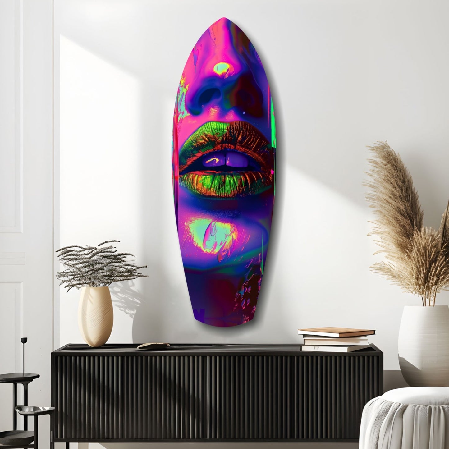 Neon-colored glass wall art featuring vibrant pink, purple, and lime lips displayed above a black cabinet in a modern interior setting.