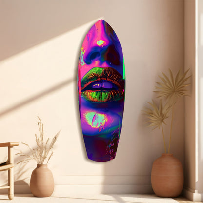 Vibrant neon lips glass wall art hung in minimalist room with dried flower vases and natural lighting.