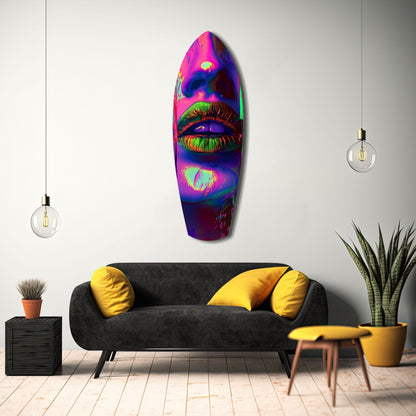 Vibrant neon lips glass wall art mounted above black sofa in modern living room interior.