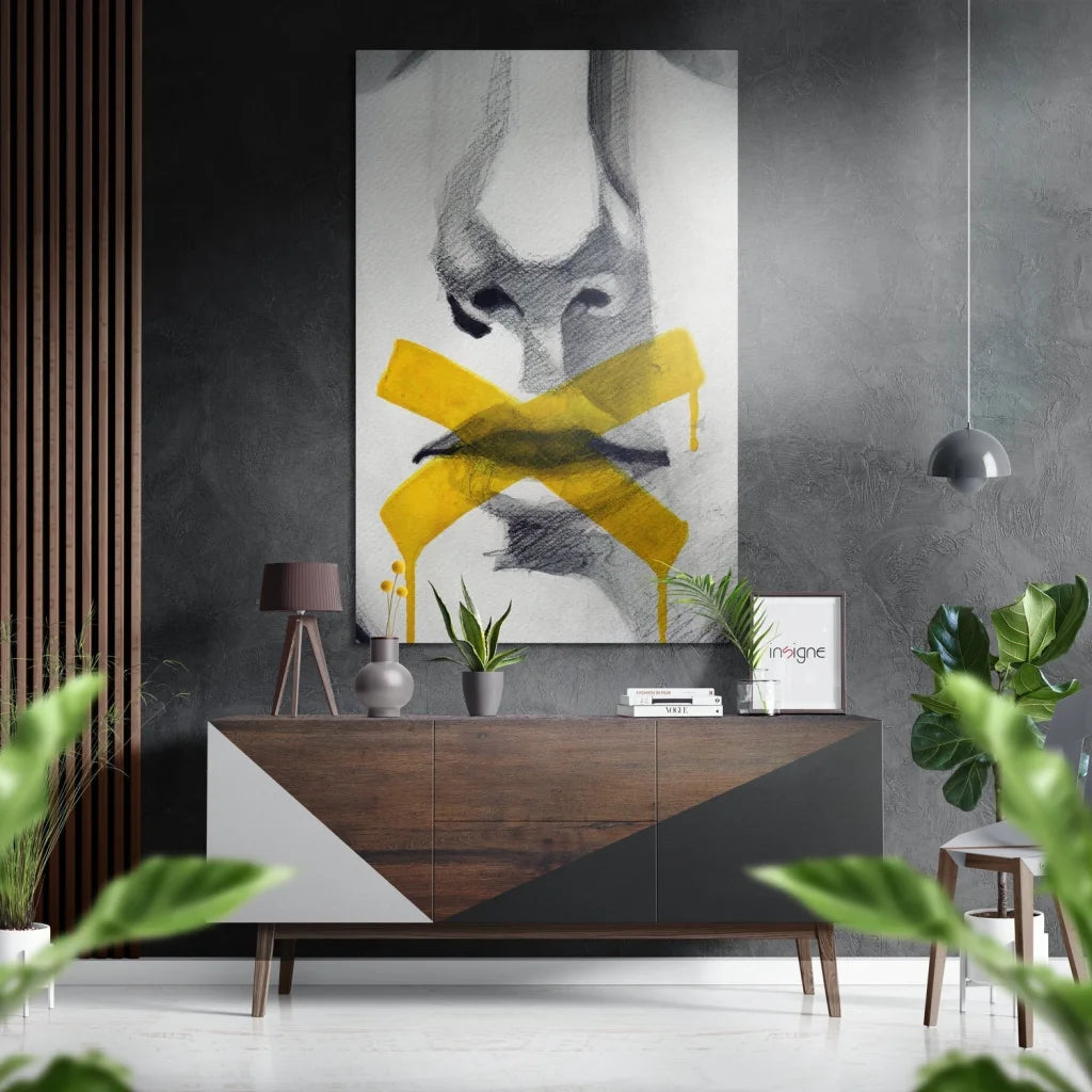 Striking abstract portrait on brushed aluminium dibond with yellow tape