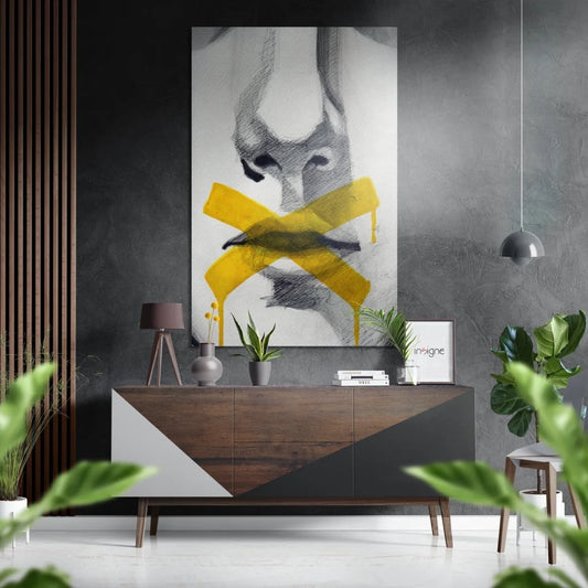 Striking abstract portrait on brushed aluminium dibond with yellow tape