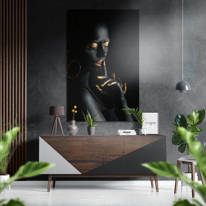 Stunning black and gold woman portrait on brushed aluminium dibond