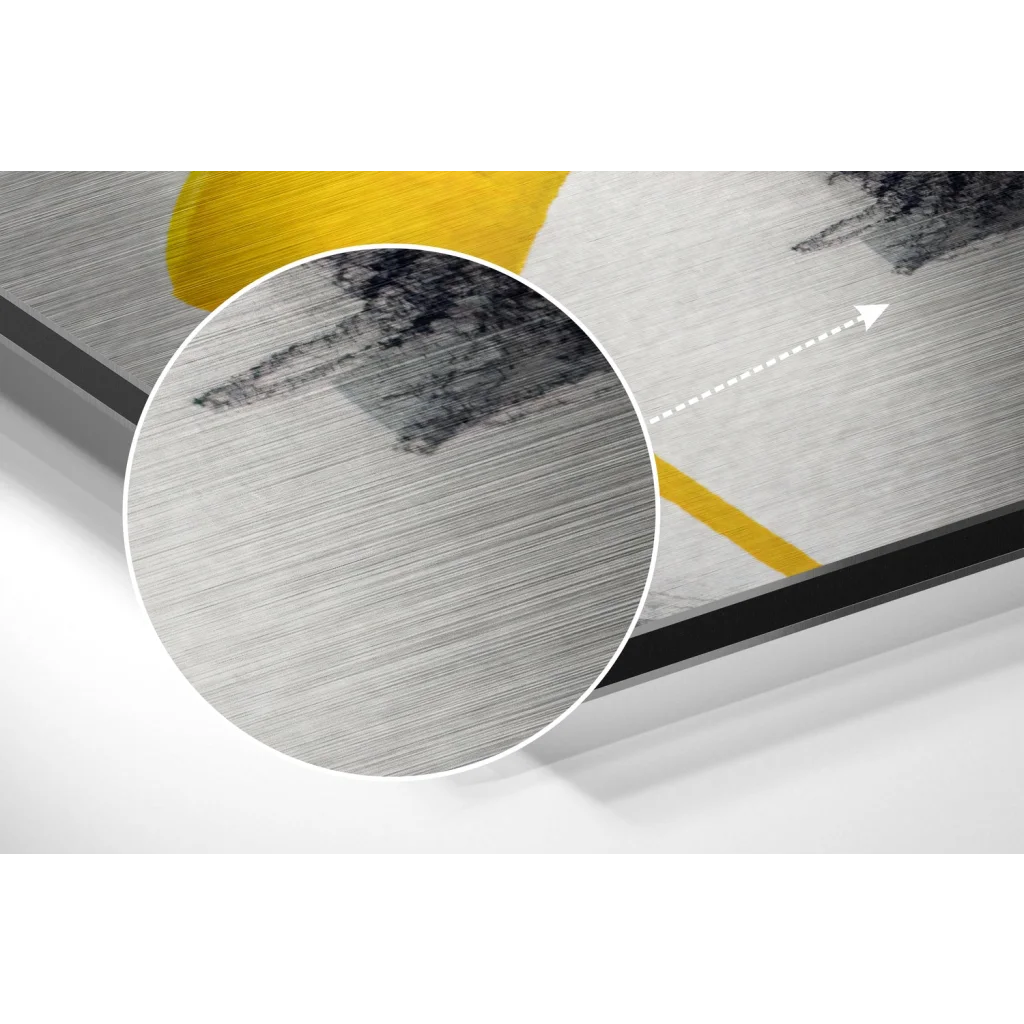 Modern abstract art on brushed aluminium dibond with silver and yellow accents