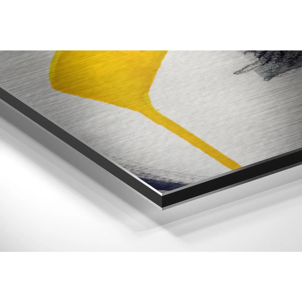 Modern abstract art on brushed aluminium dibond with yellow gray strokes