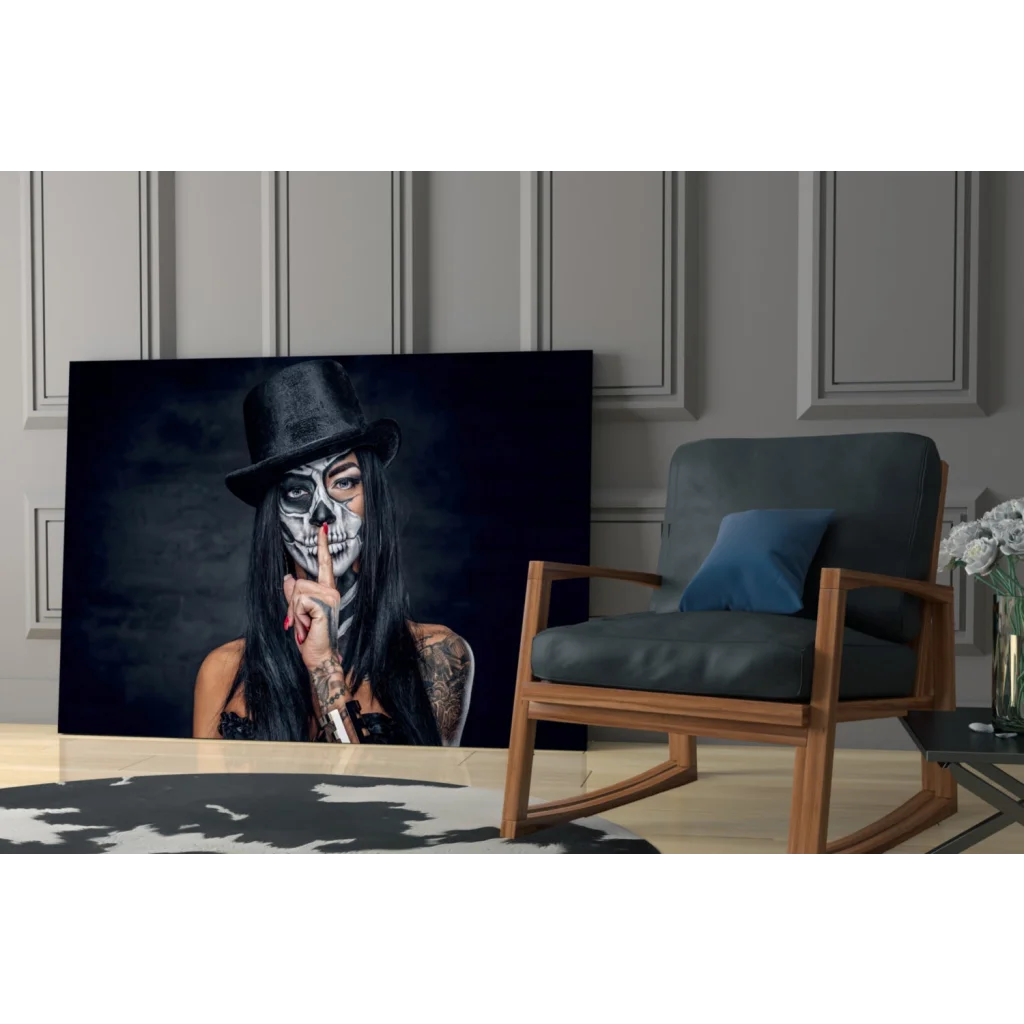 Stunning sugar skull woman canvas wall art with black hat