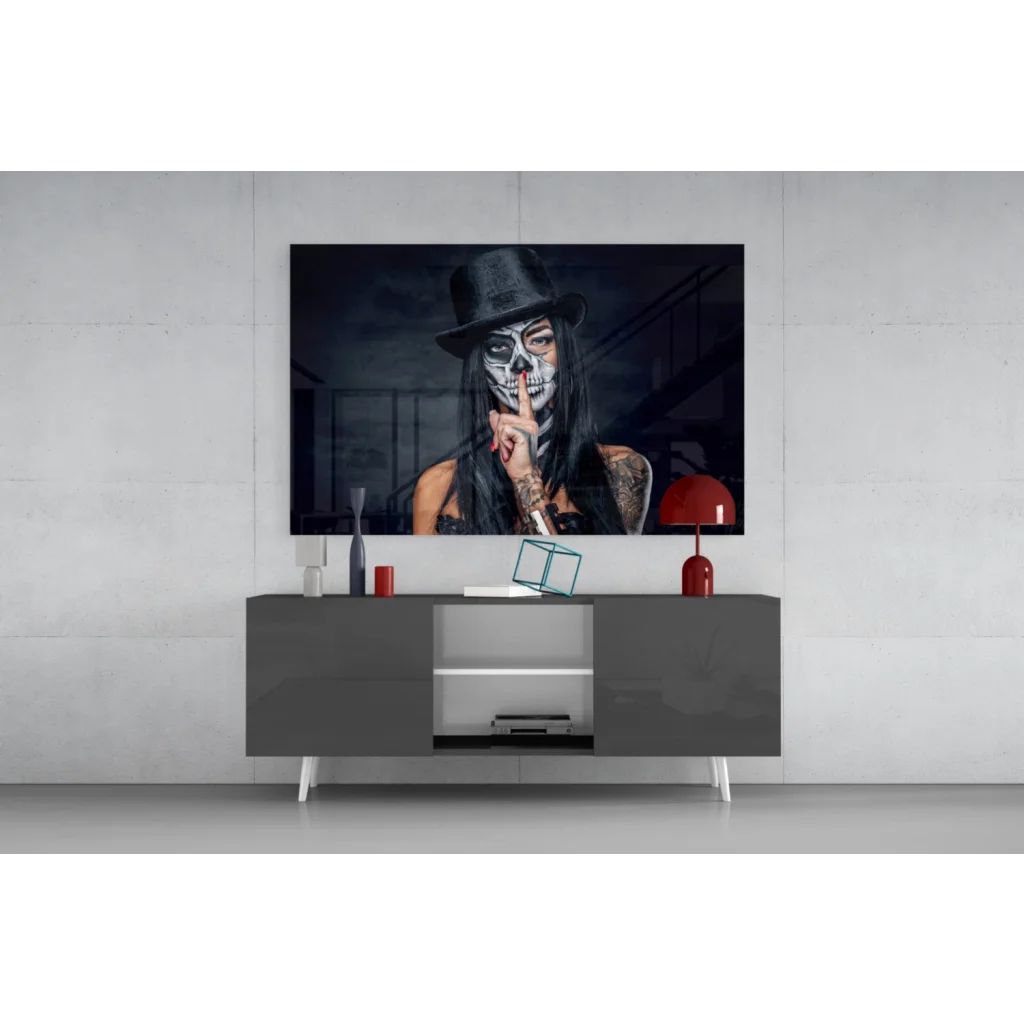 Stunning sugar skull woman wall art with black hat portrait