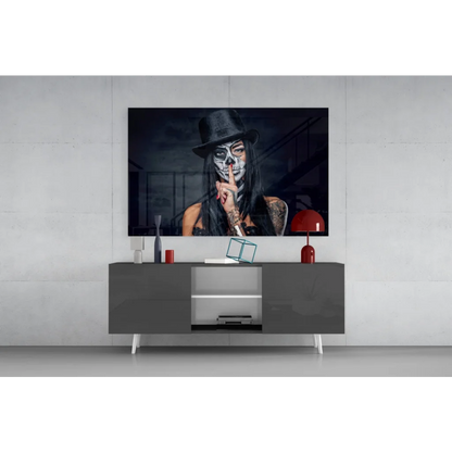 Stunning sugar skull woman wall art with black hat portrait